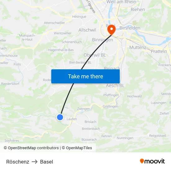 Röschenz to Basel map