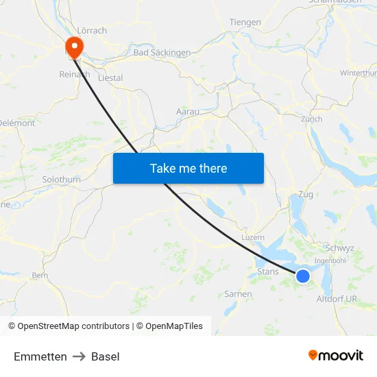 Emmetten to Basel map