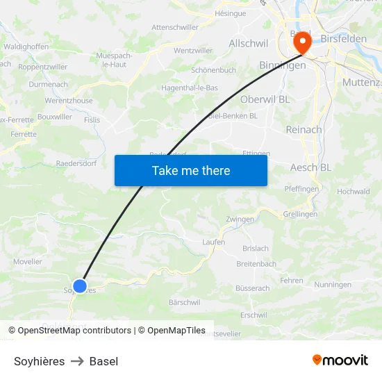 Soyhières to Basel map