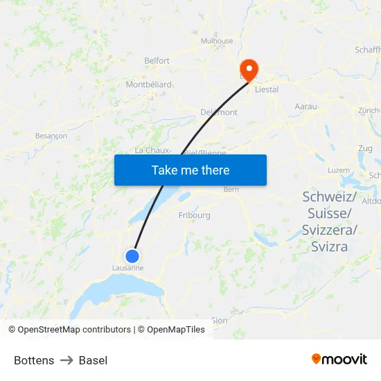 Bottens to Basel map