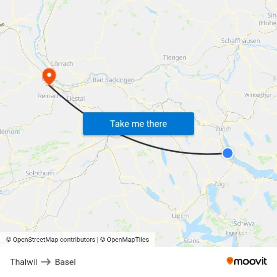 Thalwil to Basel map