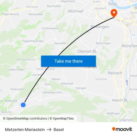Metzerlen-Mariastein to Basel map