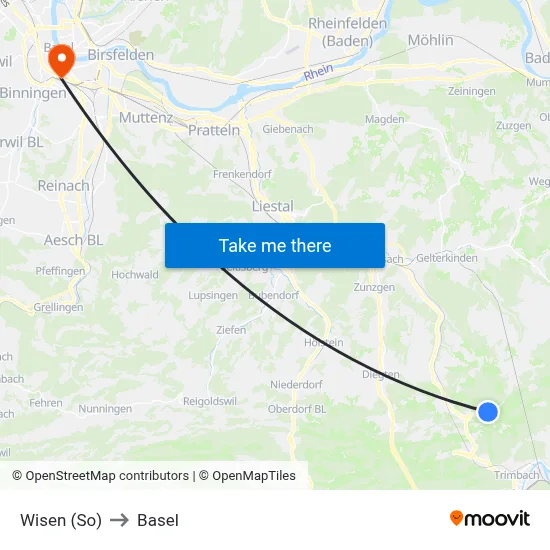 Wisen (So) to Basel map