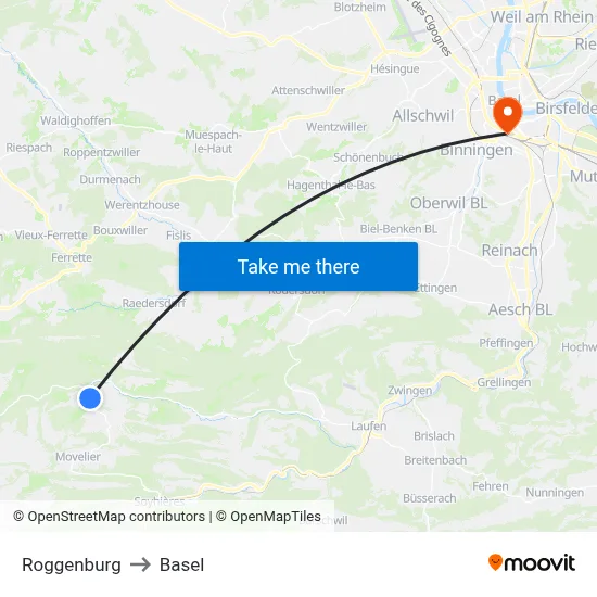 Roggenburg to Basel map