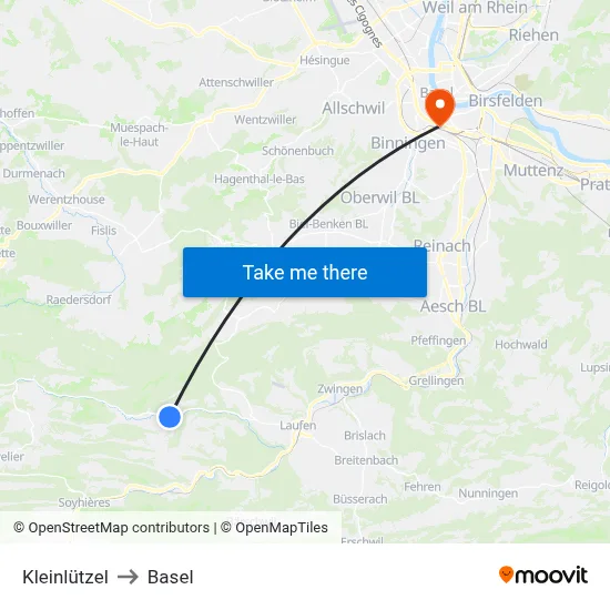 Kleinlützel to Basel map