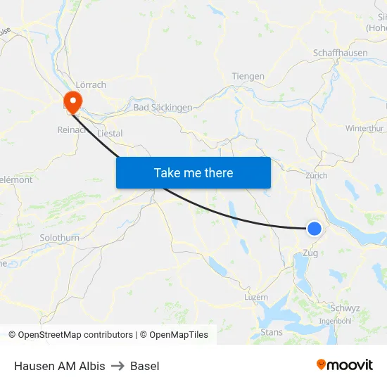 Hausen AM Albis to Basel map