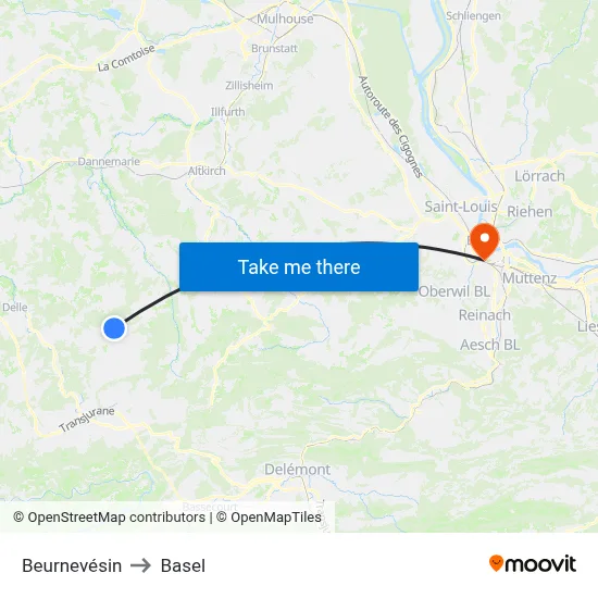 Beurnevésin to Basel map