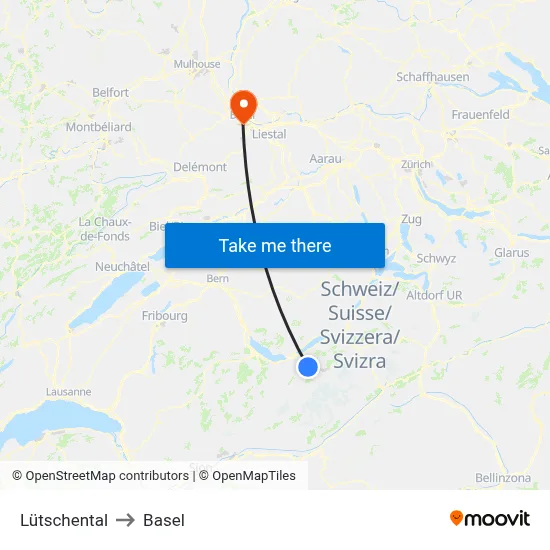 Lütschental to Basel map