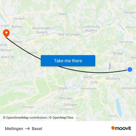 Mellingen to Basel map