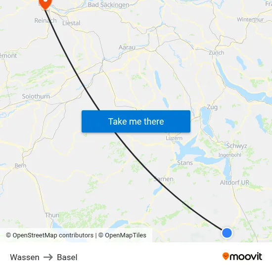 Wassen to Basel map