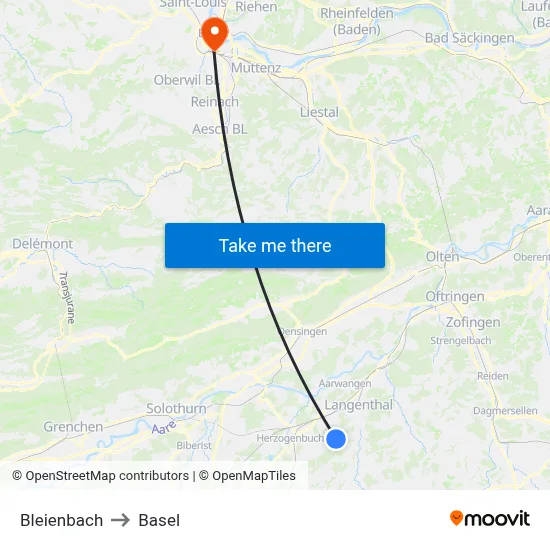 Bleienbach to Basel map