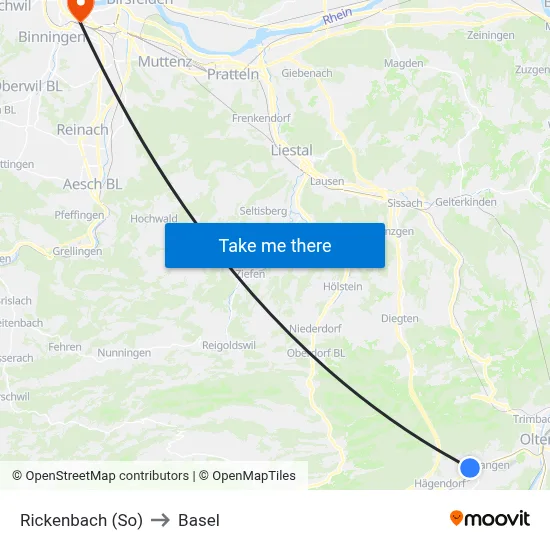 Rickenbach (So) to Basel map