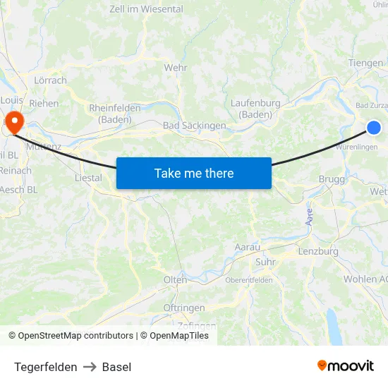 Tegerfelden to Basel map