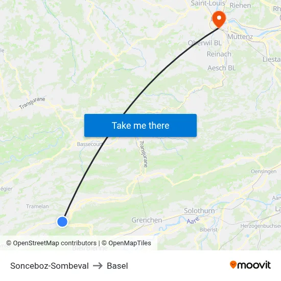 Sonceboz-Sombeval to Basel map