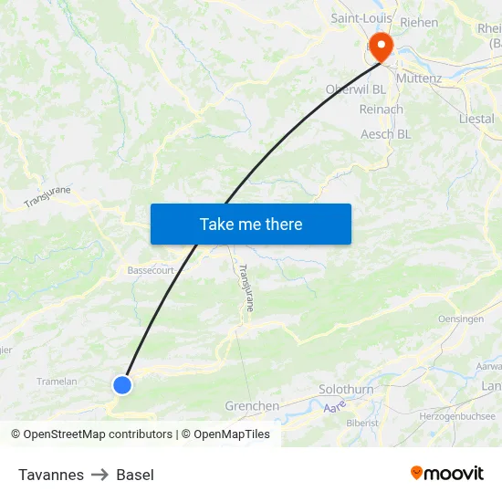 Tavannes to Basel map