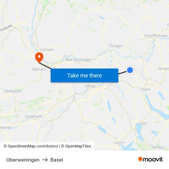 Oberweningen to Basel map
