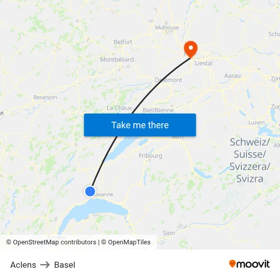 Aclens to Basel map