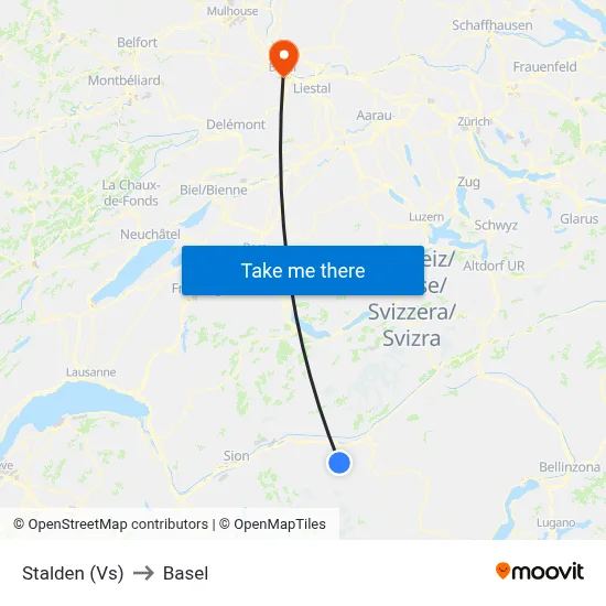 Stalden (Vs) to Basel map