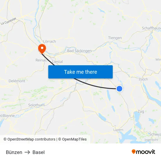 Bünzen to Basel map