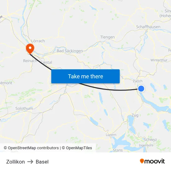 Zollikon to Basel map