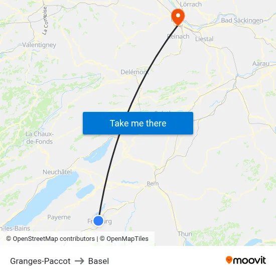 Granges-Paccot to Basel map