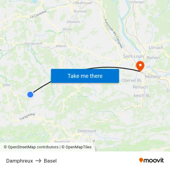 Damphreux to Basel map
