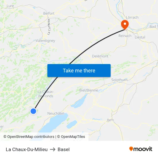 La Chaux-Du-Milieu to Basel map