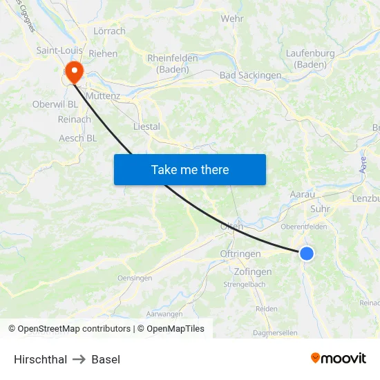 Hirschthal to Basel map