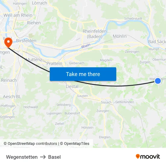 Wegenstetten to Basel map