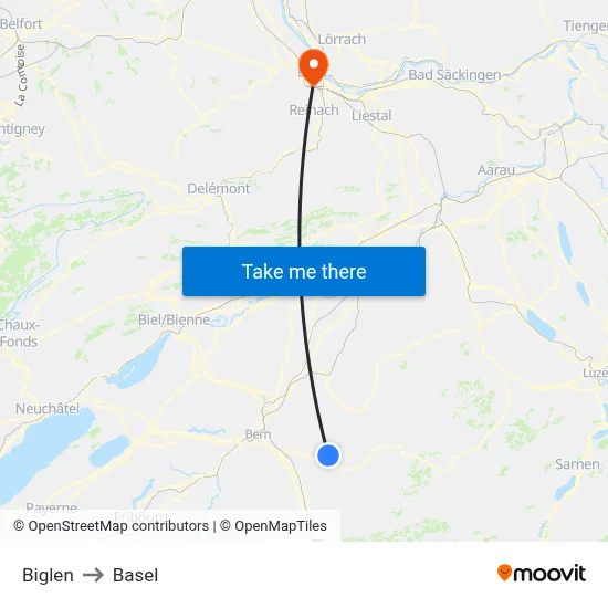 Biglen to Basel map
