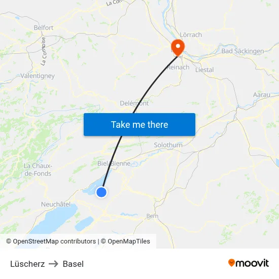 Lüscherz to Basel map