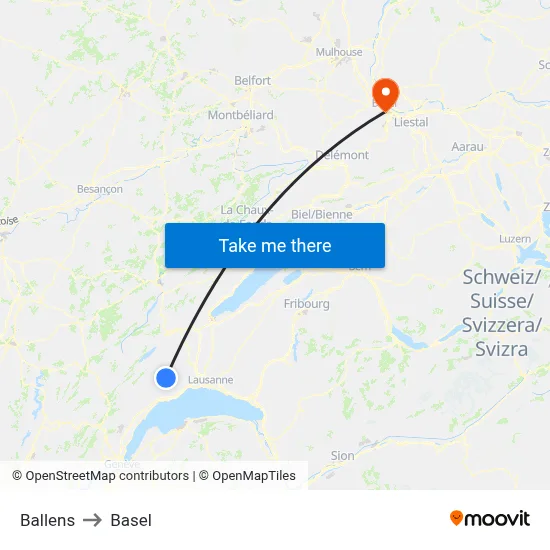 Ballens to Basel map