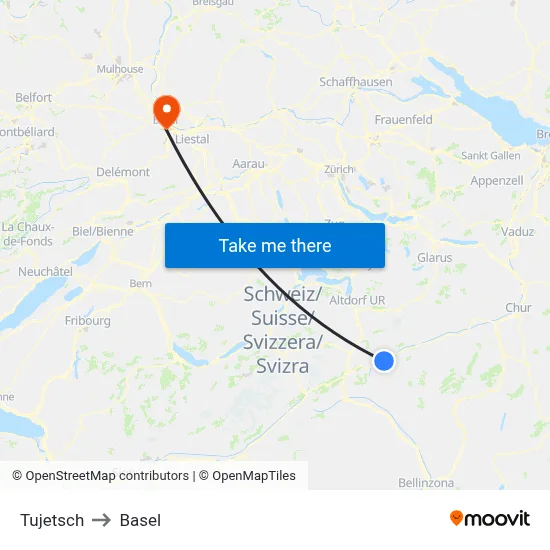 Tujetsch to Basel map