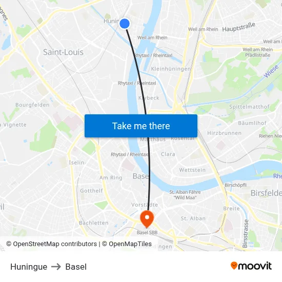 Huningue to Basel map