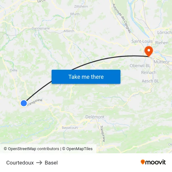 Courtedoux to Basel map