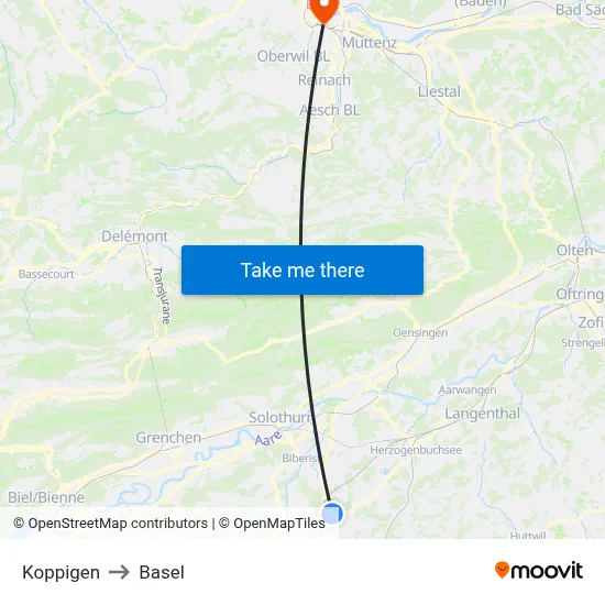 Koppigen to Basel map