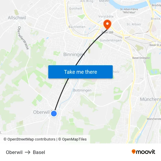 Oberwil to Basel map