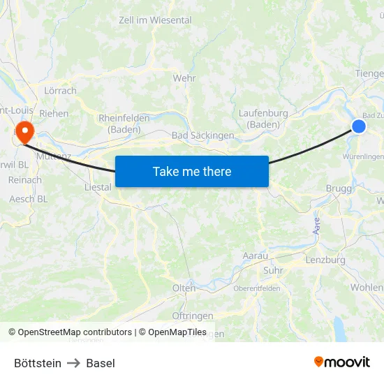 Böttstein to Basel map