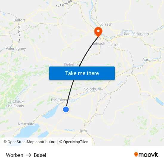 Worben to Basel map