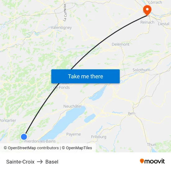 Sainte-Croix to Basel map