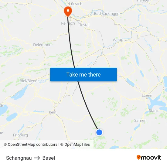 Schangnau to Basel map