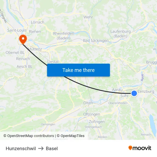 Hunzenschwil to Basel map