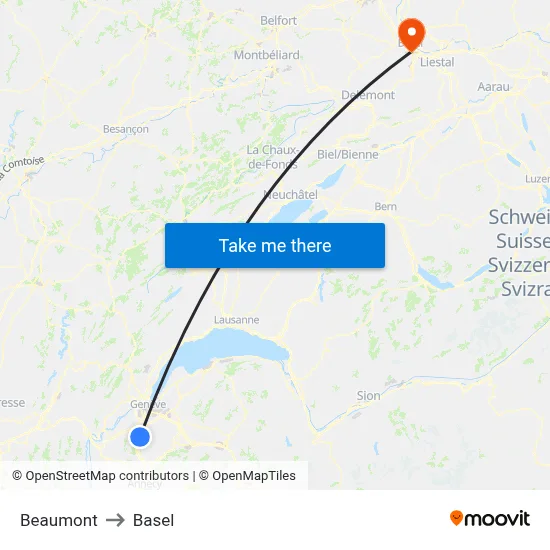 Beaumont to Basel map