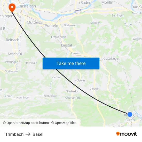Trimbach to Basel map
