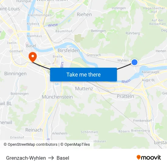 Grenzach-Wyhlen to Basel map