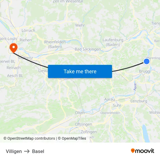 Villigen to Basel map