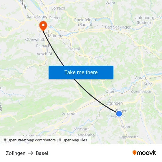 Zofingen to Basel map