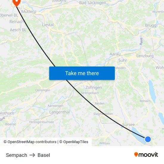Sempach to Basel map