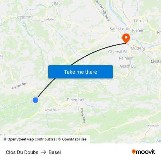 Clos Du Doubs to Basel map