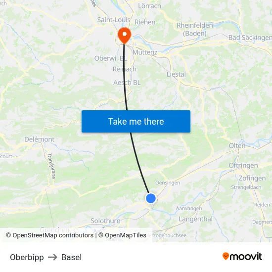 Oberbipp to Basel map